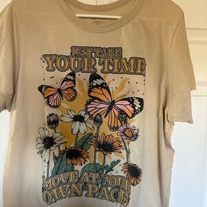 Zoe + Liv Beige Graphic Tee with Butterfly and Floral Motif